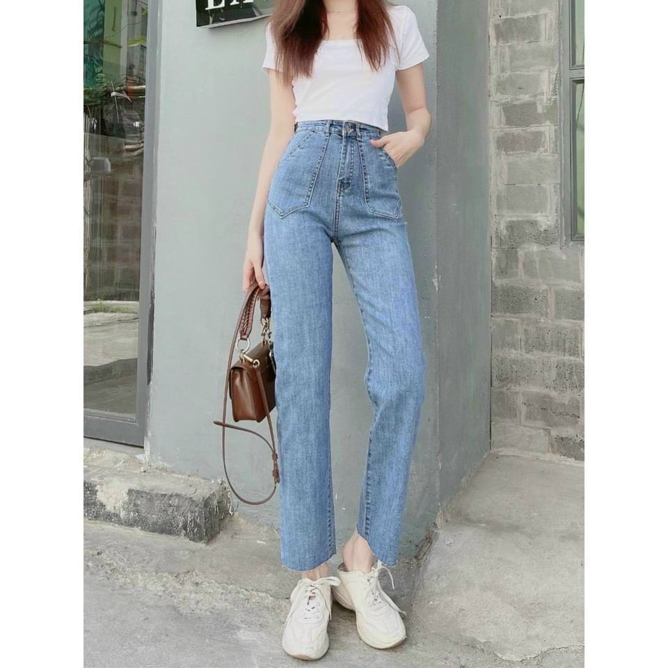 Quần jean nữ ống đứng túi trước, quần bò ống đứng cạp cao chất co giãn túi trước phong cách Hàn Quốc