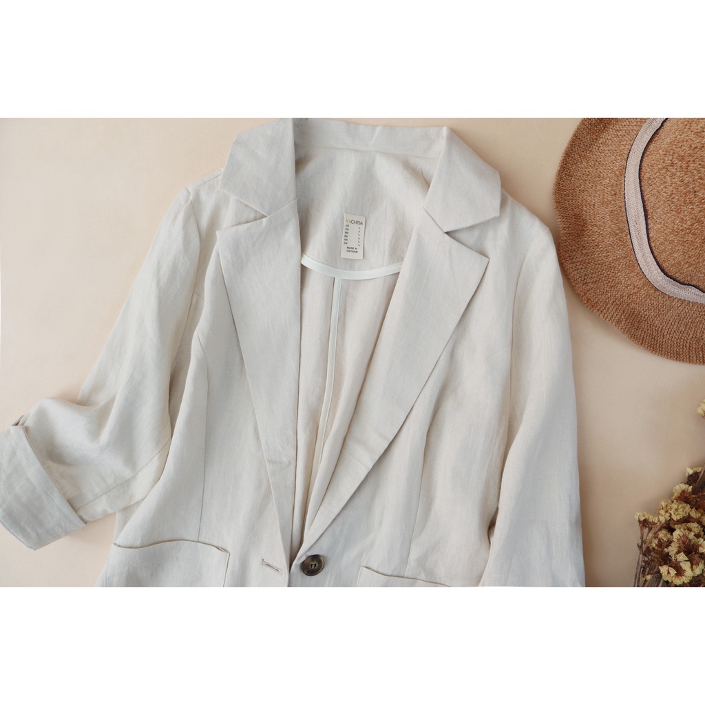 Áo vest linen KACHISA màu kem tay lỡ