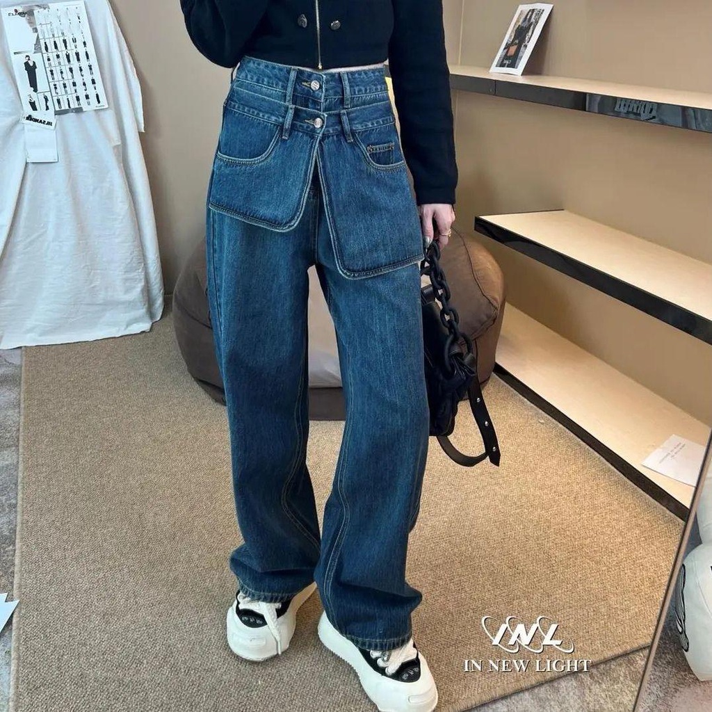 Quần Jean Dài Lưng Cao Phối Túi Lớn Thời Trang Mùa Thu 2022 Mới Phong Cách Âu Mỹ Cá Tính Cho Nữ