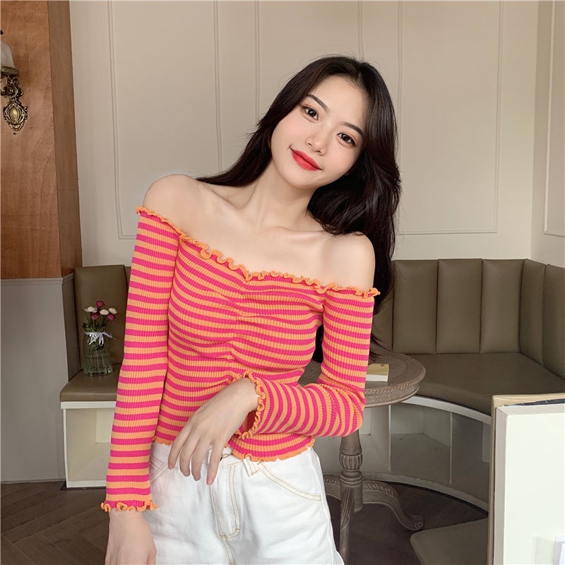 Áo trễ vai kẻ sọc ngang trẻ trung quyến rũ cho nữ