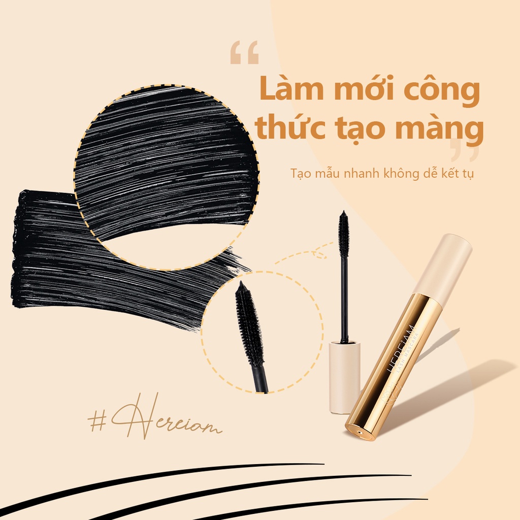 Mascara HEREIAM đầu cọ silicon ô liu công thức khô nhanh làm dày chống nước lâu trôi 47g