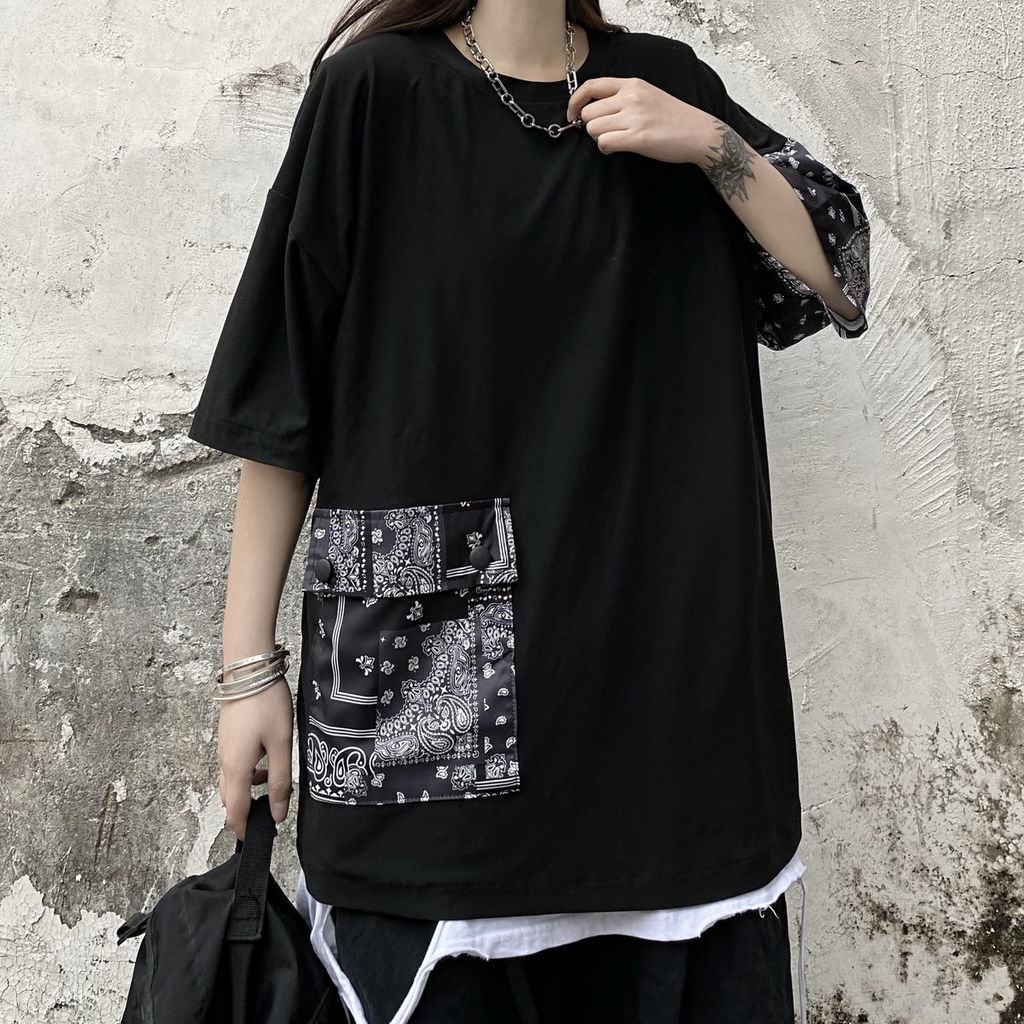 Áo Thun Phối Túi Lớn Họa Tiết Hoa Xinh Xắn Thời Trang 191901Áo Thun Tay Ngắn Dáng Rộng Phong Cách Harajuku Retro Cho Nam Nữ