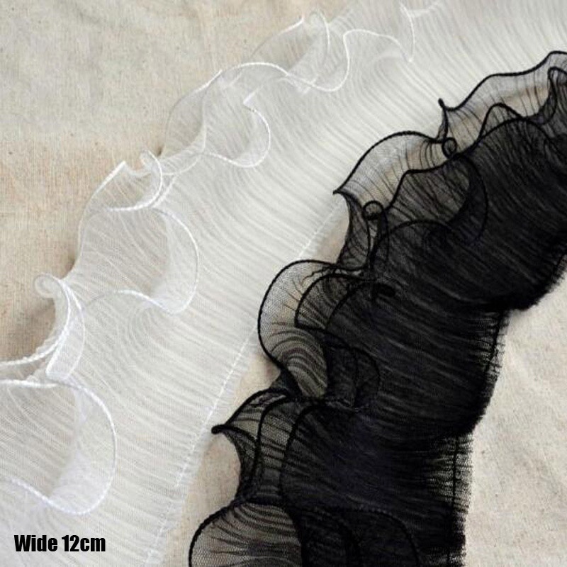 Cuộn Vải Tuyn Thêu Hoa Trắng Đen Rộng 12CM Dài 1Yard