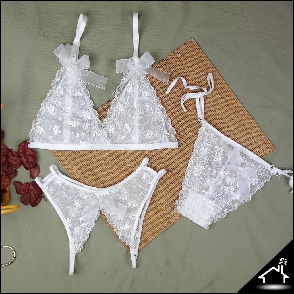 Bộ đồ lót lưới thêu không gọng kèm mút gợi cảm màu hoa trắng quần dây/không đũng - Nội y sexy by NHÀ SÒ Bralette NS174