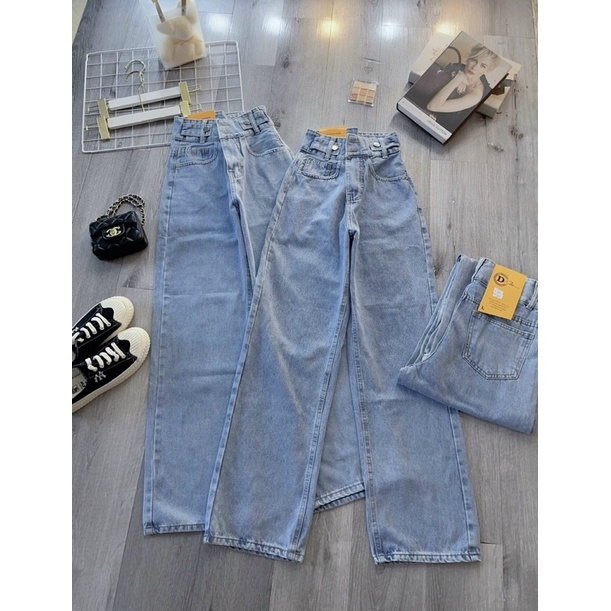 Quần Baggy Nữ Jean Lưng Cao Kiểu 2 Nút Ống Rộng Hàng VNXK