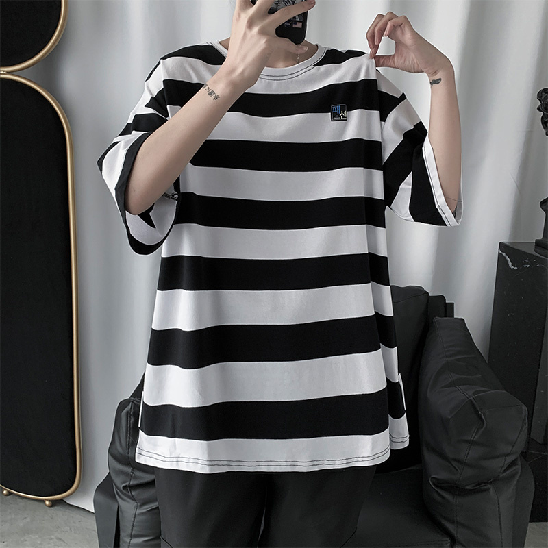 Áo thun unisex tay lỡ form rộng ,sọc ngang đen trắng | BigBuy360 - bigbuy360.vn