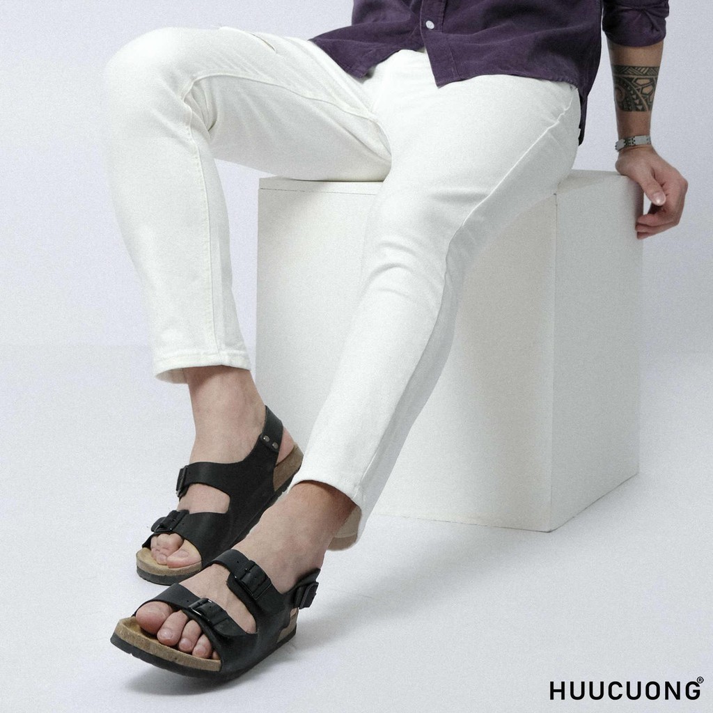 Giày sandal unisex Quai Ngang 2 Khóa HUUCUONG Quai Da Thật Màu Đen Đế Trấu