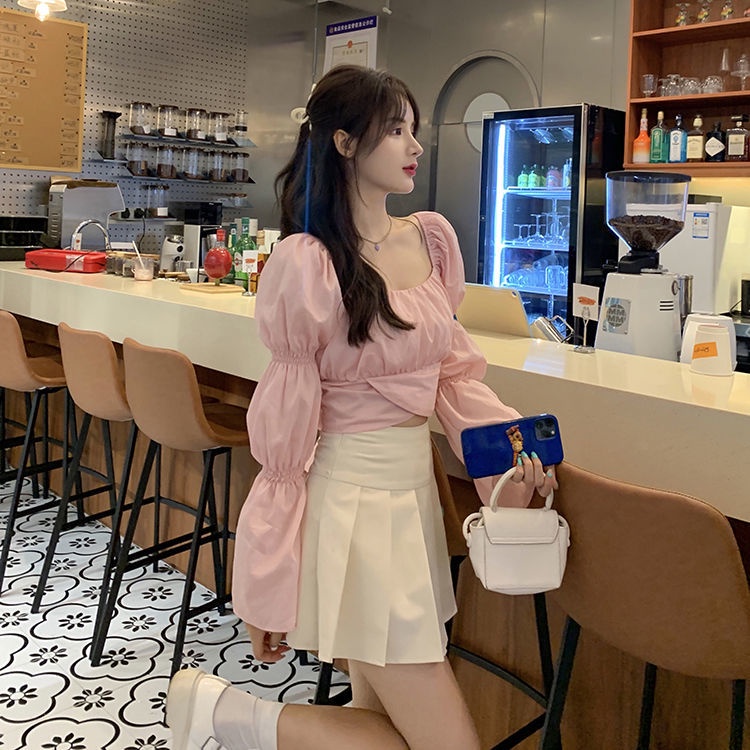 COZOK Set Áo Kiểu Tay Phồng Thắt Nơ Phối Chân Váy Xếp Ly Thời Trang Trẻ Trung Cho Nữ