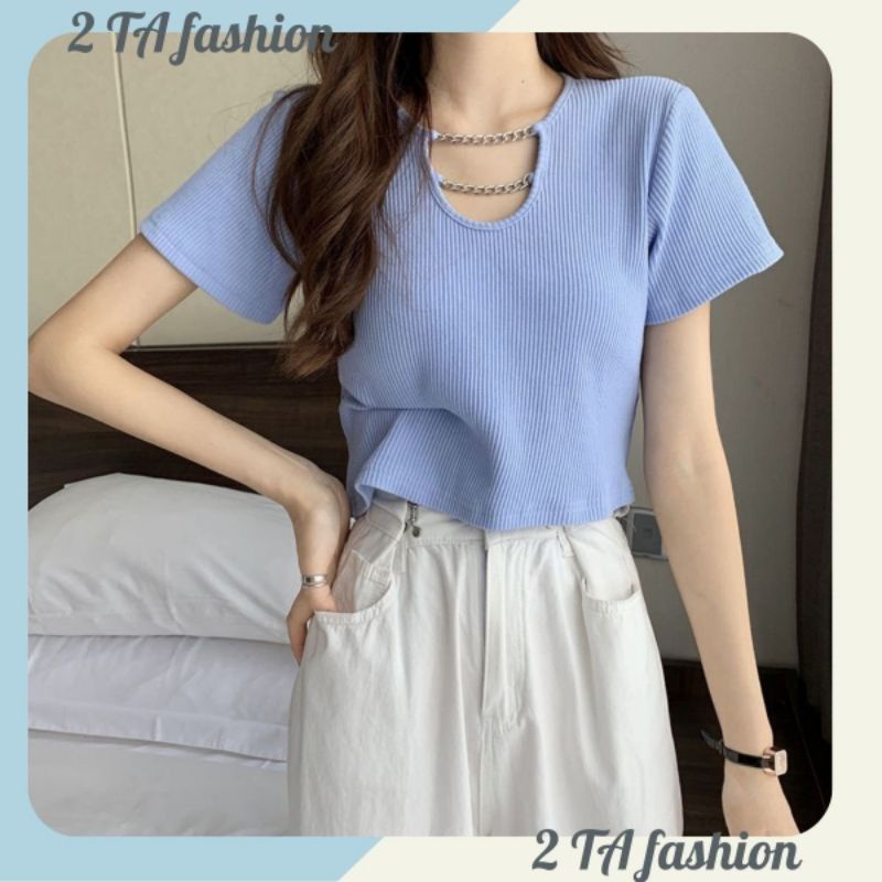 Áo kiểu ngắn tay croptop dây xích ở cổ nhẹ nhàng trẻ trung phong cách hàn quốc mới 2022