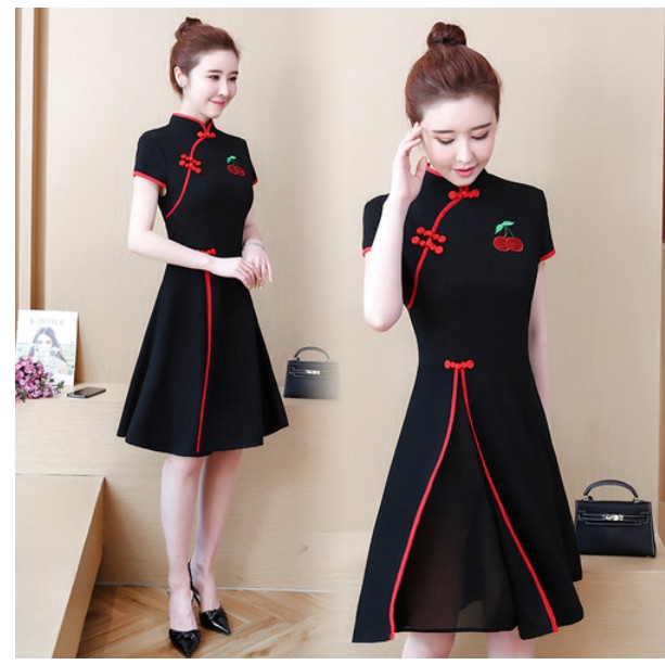 Plus Size Retro Embroidery Qipao Cheongsam Summer Elegant Slim Black Short Sleeve Tunic Midi Dinner Party Prom Dresses