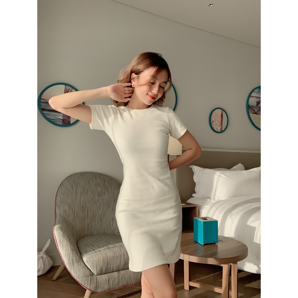 Đầm Body Hở Lưng Tam Giác Sexy Len Gân Co Giãn 4 Chiều Tay Ngắn Đi Chơi Dạo hố La Rosie Outfits | LA Rosie Outfits LA38