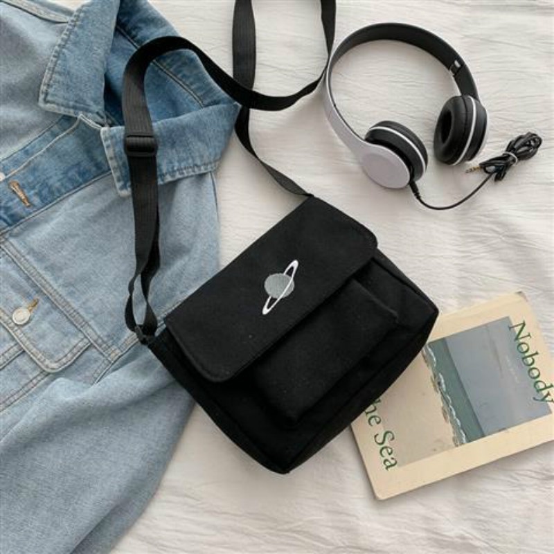 Túi Vải Canvas Đeo Vai Thêu Hình Hành Tinh Phong Cách ULZZANG