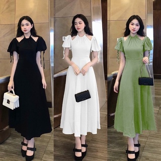 Đầm midi cổ yếm tay phồng