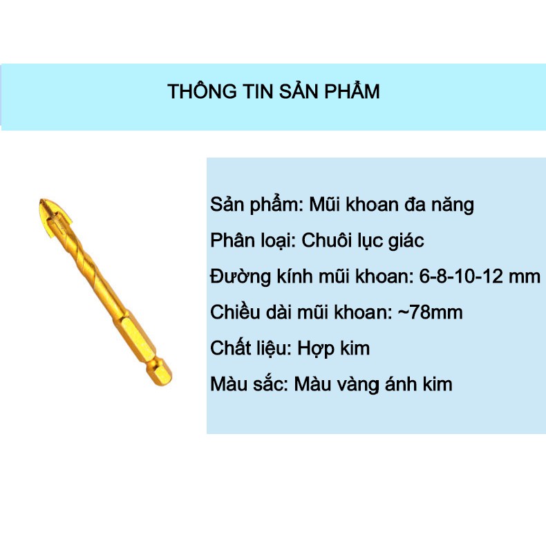 Mũi khoan đa năng chuôi lục giác đầu chữ Thập size 6-8-10-12mm màu vàng