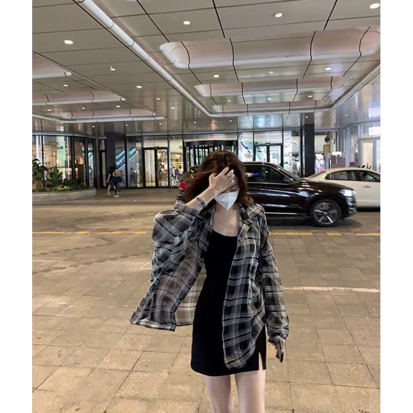 Set Váy 2 dây kèm áo khoác sơ mi caro 🌸FREESHIP🌸 Đầm nữ 2 dây vải umi dày dặn kết hợp kate siêu hút mắt, hot trend | BigBuy360 - bigbuy360.vn