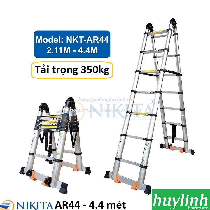 Freeship Thang nhôm rút đôi chữ A Nikita AR44 - 4.4 mét - Có bánh xe - Tải trọng 350kg