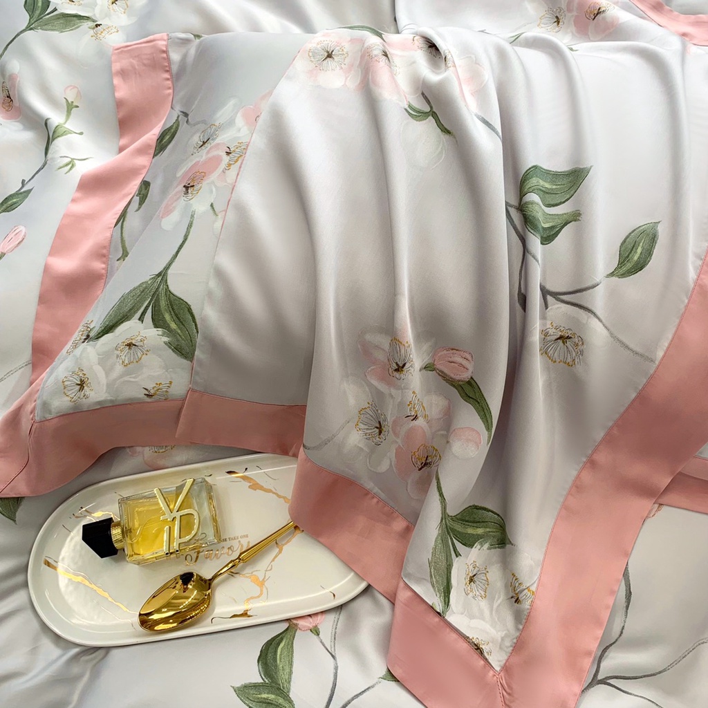Bộ chăn ga cao cấp 100%Tencel 100s họa tiết Hoa anh đào in kỹ thuật số sắc nét, chất liệu siêu mềm mịn