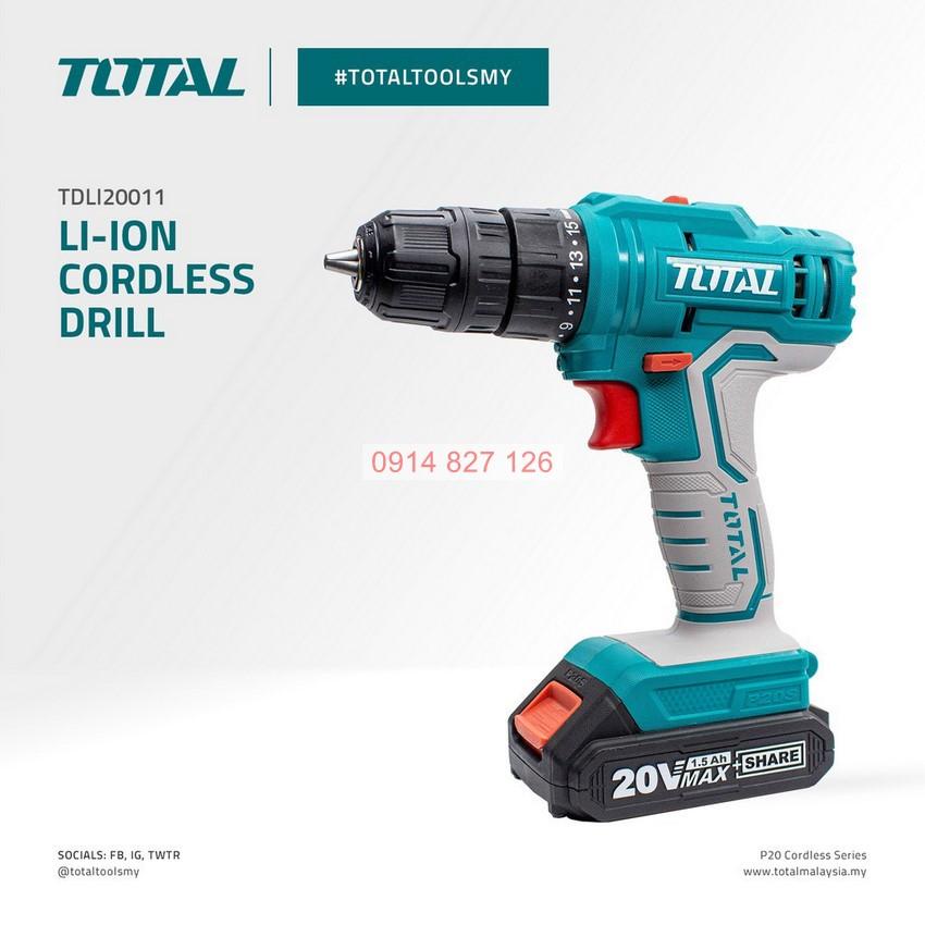 Máy khoan pin cầm tay 20V Total TDLI20011 hai tốc độ 400/1500v/p, siết 45nm, kèm 1 pin sạc, Bh 6 tháng