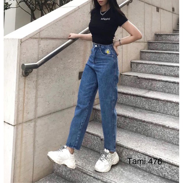 Quần bò baggy thêu hoa cúc hot trend hàng quảng châu, quần bò gấp gấu