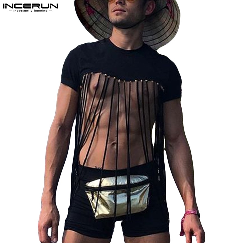 Áo thun INCERUN crop top tay ngắn phối tua rua gợi cảm cho nam