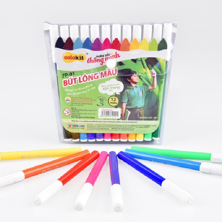 Bút lông màu Fiber Pen 𝑻𝒉𝒊𝒆̂𝒏 𝑳𝒐𝒏𝒈 Colokit | FP-01 [vỉ 12 màu]