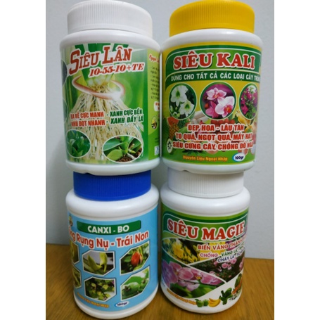 Combo 4 - Dưỡng Cây, Kích Hoa, Nuôi Trái Lan, Cây ăn trái ( Canxi-bo+Kali+Magie+Lân )-100 gram/chai