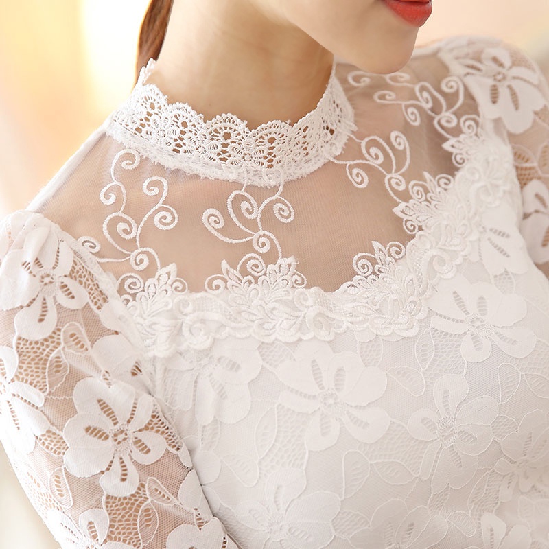 Áo Sơ Mi Chiffon Tay Dài Cổ Đứng Phối Ren Phong Cách Hàn Quốc Thời Trang Cho Nữ