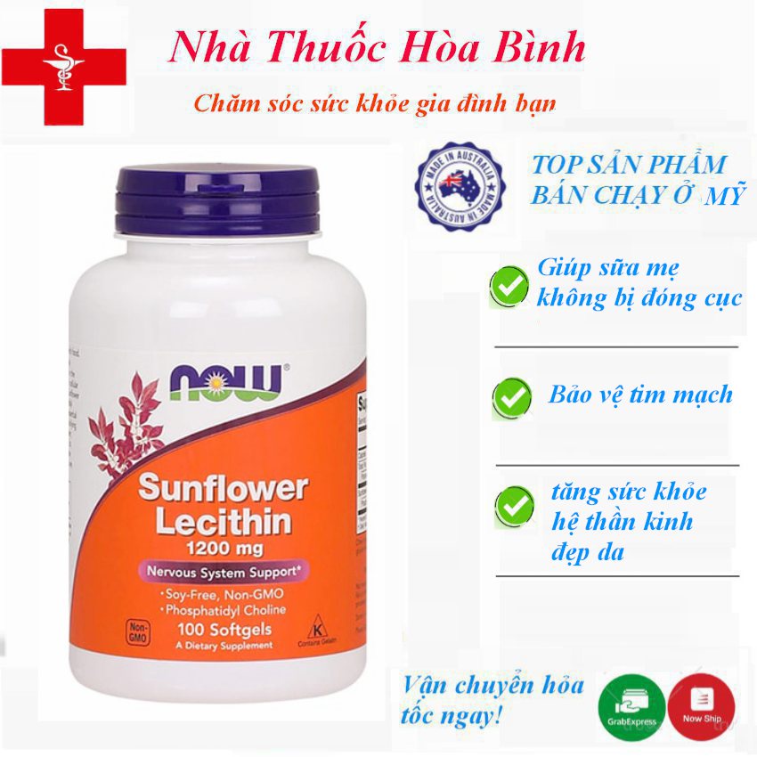 Viên uống chống tắc tia sữa Lecithin 1200mg - Now Sunflower Lecithin 100v-Hàng Date mới