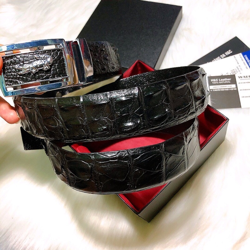 Dây thắt lưng da cá sấu thật 100%, dây liền nguyên miếng, da lưng cá sấu, bản rộng 3.8 cm, màu đen