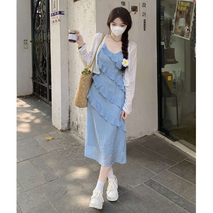 Váy voan hai dây màu xanh nhạt nhẹ nhàng  phối bèo chéo điệu đà style Hàn Quốc