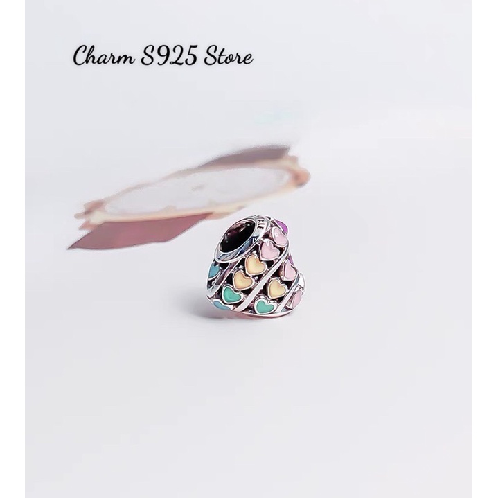charm pan xỏ ngang tim ngũ sắc bạc s925 cao cấp