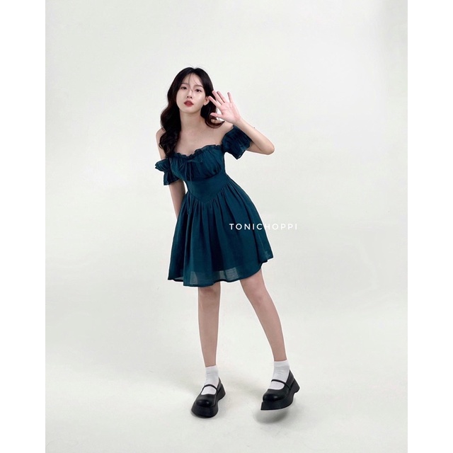 Đầm cúp ngực trễ vai màu xanh tôn da - Toni Choppi