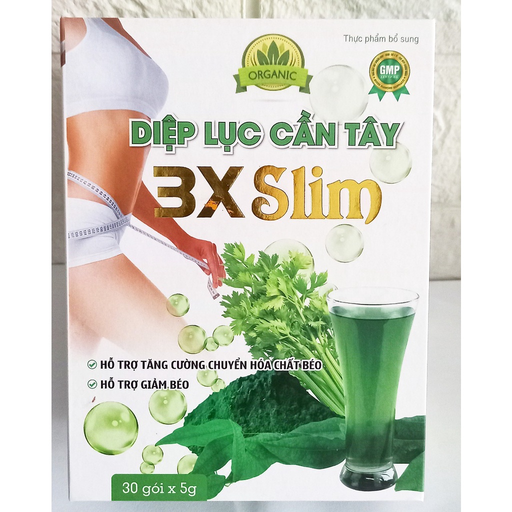 Bột uống diệp lục cần tây 3x slim hộp 30 gói. Hỗ trợ giảm cân, giảm béo, cân bằng nội tiết
