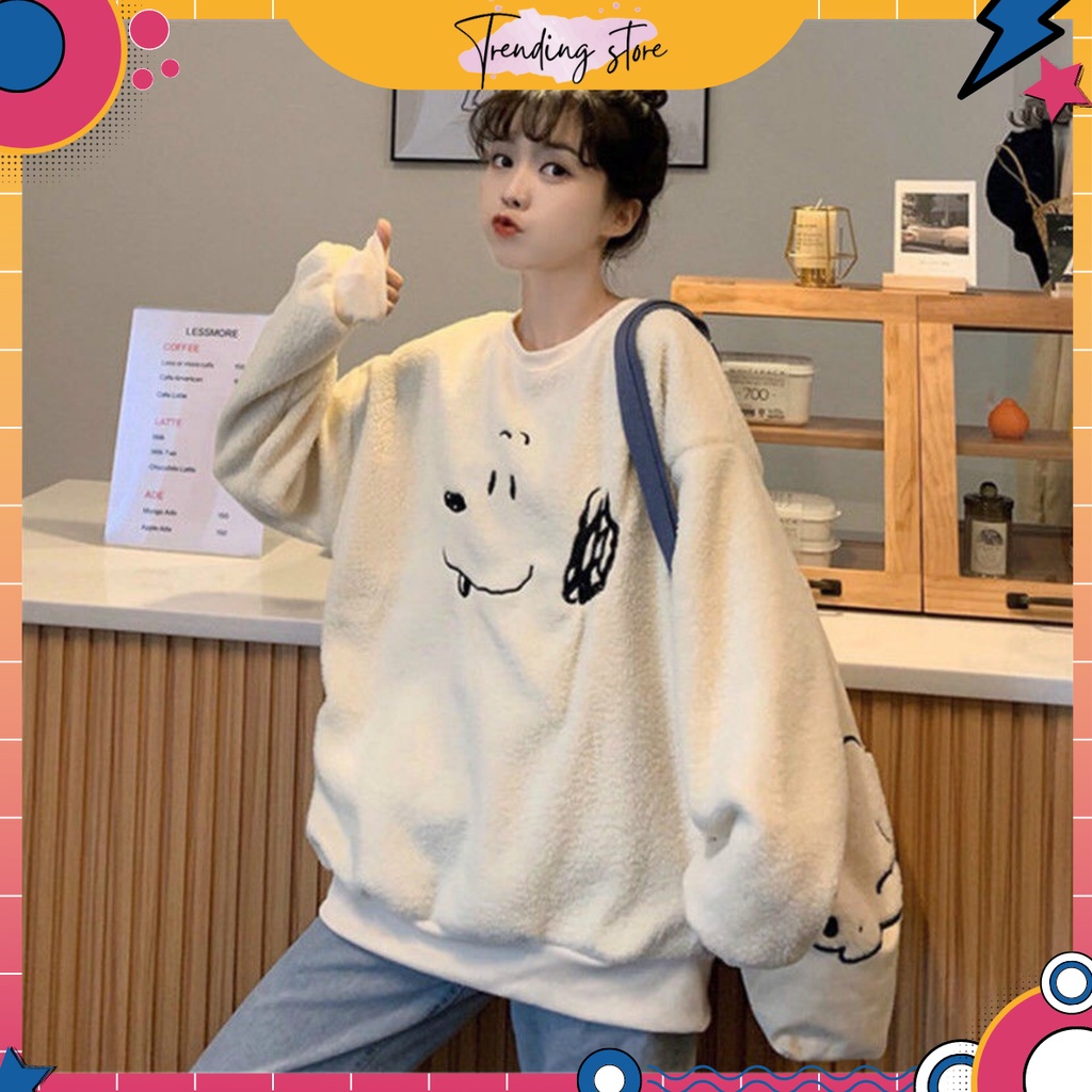 [Trending Store Z] Áo Nỉ Lông Nữ In Hình Dáng Rộng Dài Tay Sweater Lông Hình Cún G039