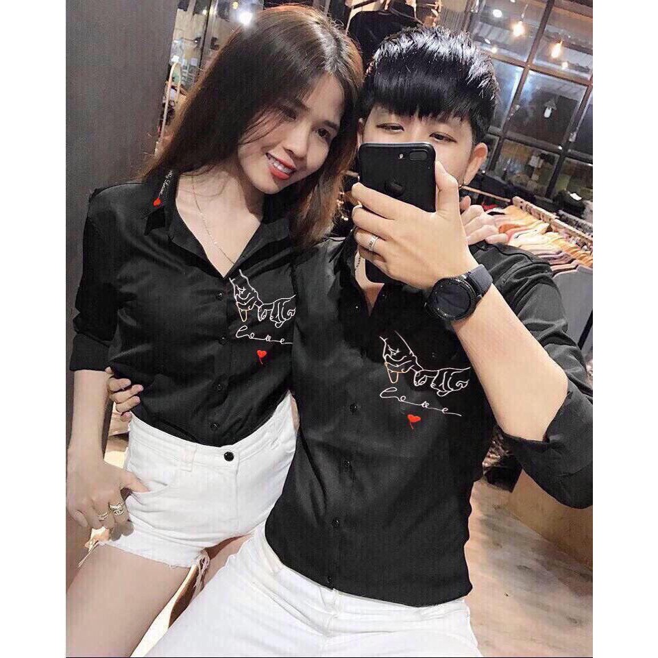 ÁO SƠ MI CẶP, ÁO SƠ MI ĐÔI NAM NỮ TAY DÀI TRẮNG ĐEN IN THÊU BÀN TAY THÊU TRÁI TIM HÀN QUỐC KATE LỤA MÁT KHONG NHAN | BigBuy360 - bigbuy360.vn