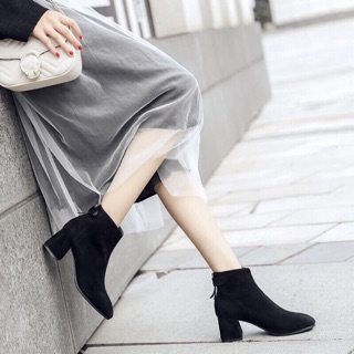 Giày bốt cổ ngắn nữ, giày cao gót nữ với đầu mũi vuông