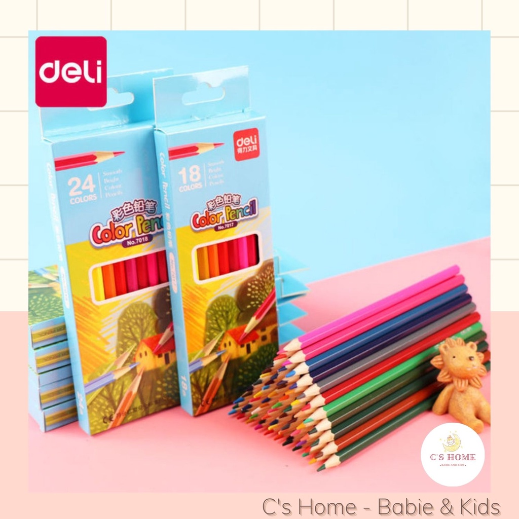 Bút chì màu vẽ DELI hộp giấy 12/18/24 màu cao cấp, màu sắc tươi sáng, sắc nét (tặng kèm gọt bút)