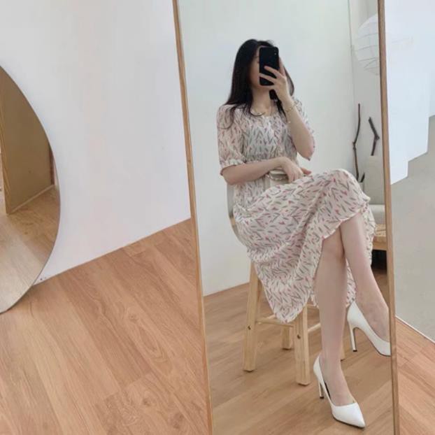 Váy hoa nhí cổ vuông cúc ngực voan chifon dáng dài qua gối Ulzzang style🌸 VFF Hàng Quảng Châu 👗