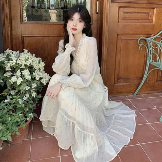 Váy ulzzang voan ren trắng tiểu thư