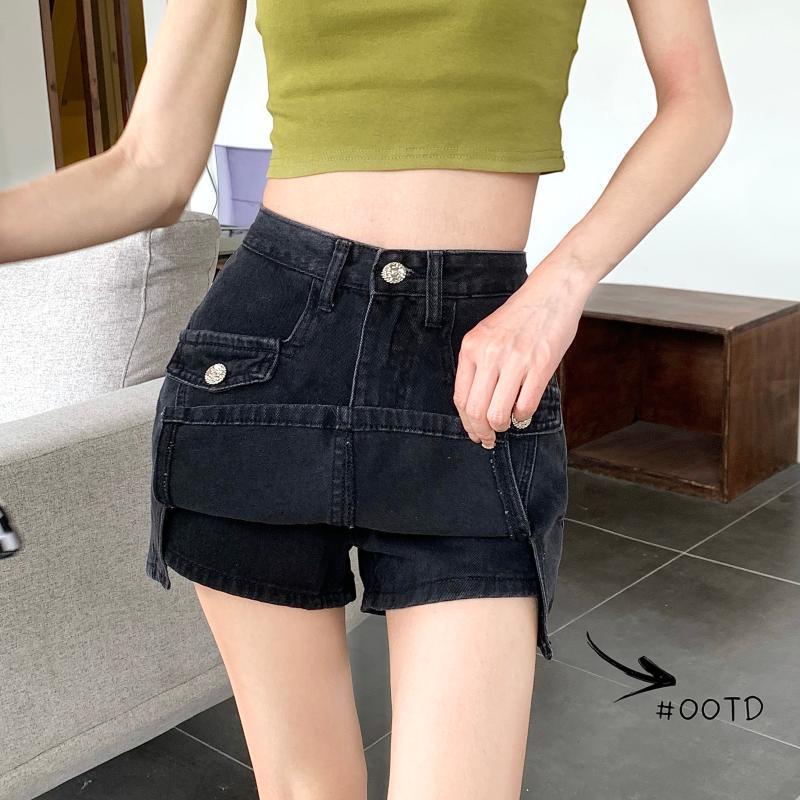 Jiashucheng Chân Váy Denim Mini Lưng Cao Xẻ Tà Phong Cách Mới Cho Nữ