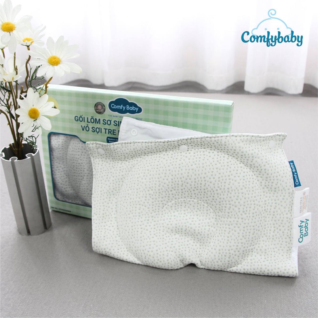 FREE SHIP !!! Gối lõm bambo ComfyBaby chống bẹt đầu cho bé ruột cao su non vỏ sợi tre