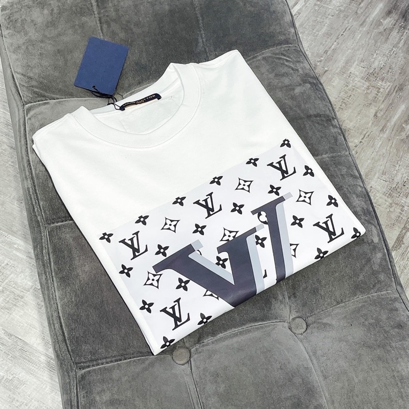 Áo Thun cổ tròn Lv in chữ,Áo Phông tay ngắn Lv mùa hè 2 màu trắng đen thun cotton co giản 4 chiều