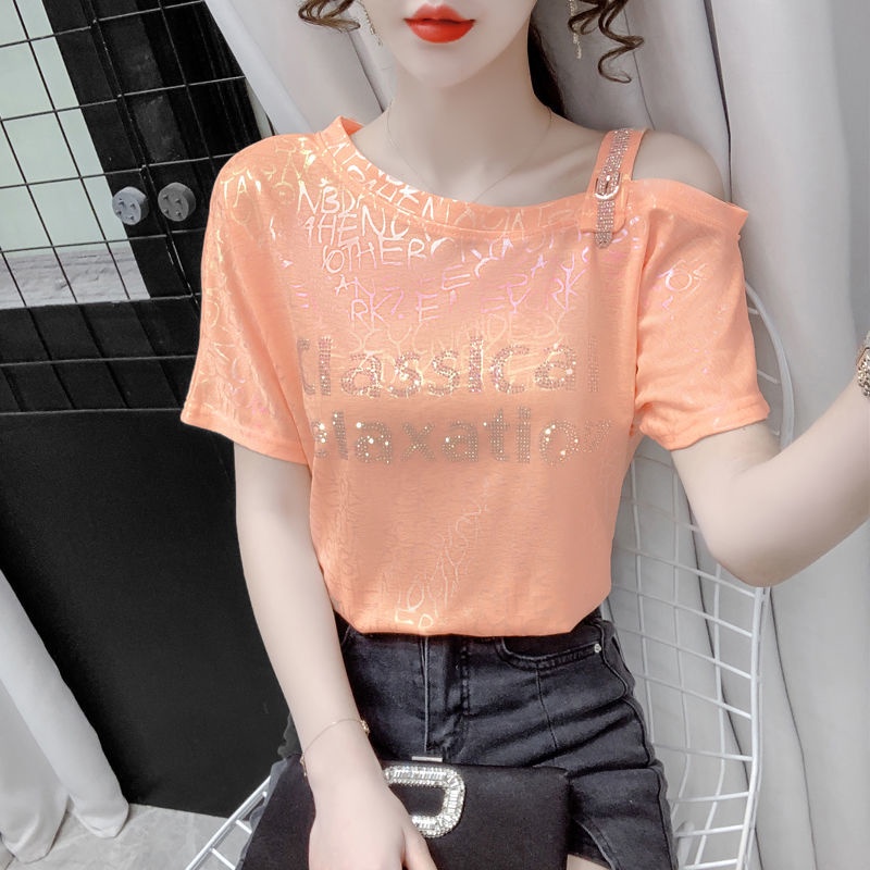 Áo Thun Tay Ngắn Lệch Vai Đính Đá Thời Trang Dành Cho Nữ