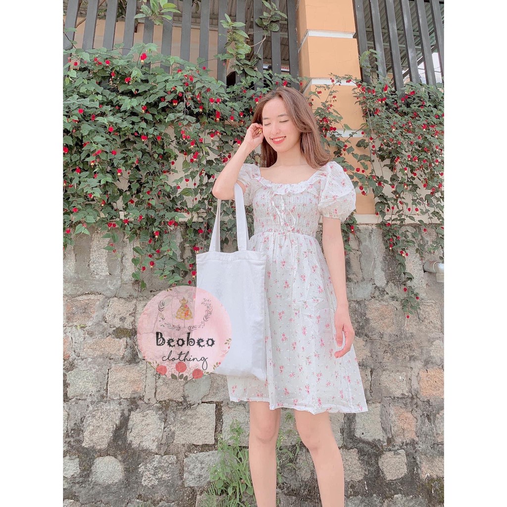 Đầm hoa bi nổi cổ u nhúng chỉ tay phồng 3 màu vintage