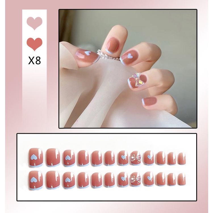 Móng tay giả đính nơ 24 móng Jojo shop kèm keo dán, trẻ, đẹp