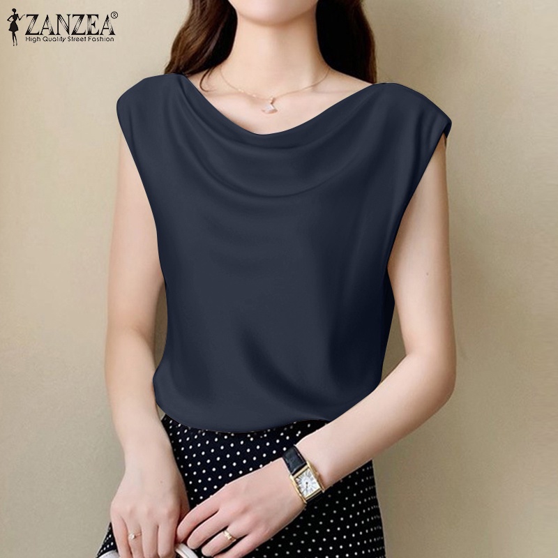 Zanzea Áo Kiểu Vải Satin Không Tay Dáng Rộng Thời Trang Công Sở Cho Bạn Gái