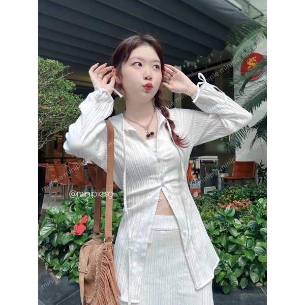 Set Áo Sơ Mi Dài Tay Cột Dây + Chân Váy Lưng Cao 2 Lớp - Minipie
