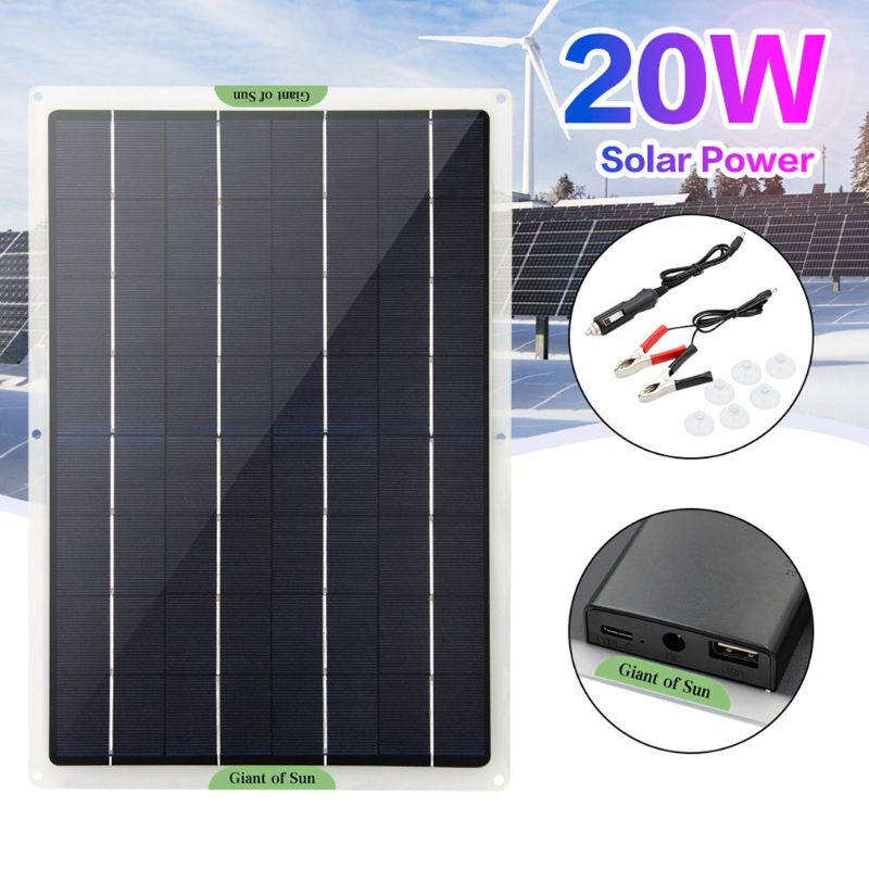 Tấm Sạc Pin Năng Lượng Mặt Trời 20W Hai Cổng USB Tiện Dụng