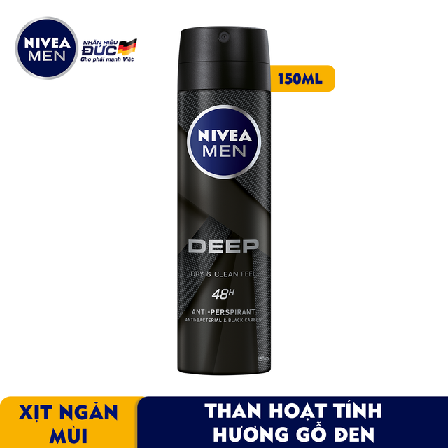 Bộ đôi Nivea Men xịt ngăn mùi than hoạt tính 150ml (80027) & Sữa rửa mặt giảm mụn Detox Mud 100g (83940)