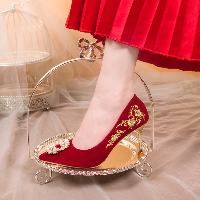 Giày Cao Gót Hai Dây 2022 Kiểu Dáng Mới Xuân Hè Phong Cách Trung Hoa Cho Cô Dâu Đám Cưới